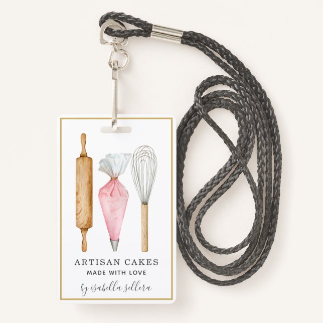 Badge Pâtisserie Chef Aquarelle Cuisine Ustensiles (Devant avec lanière)