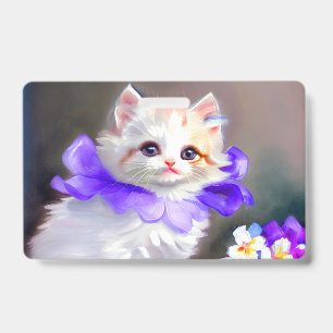 Badge Peinture de chat blanc avec collier de fleurs viol