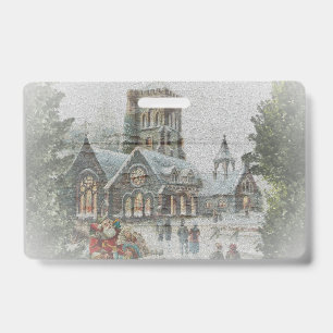 Badge Père Noël d'autrefois avec des enfants devant une 