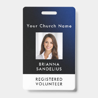 Badge Personalized Modern Blue Church Volunteer Photo ID