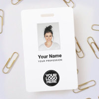 Badge personnalisé blanc employé, code-barres, log
