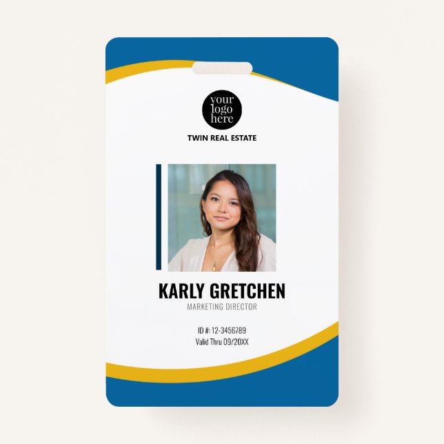 Badge Personnalisé moderne ID employé d'entreprise bleu (Devant)