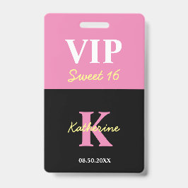 Badge Personnalisé Monogramme Noir Moderne Sweet 16 VIP