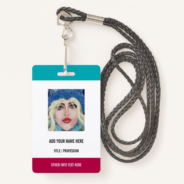 Badge Personnalisez votre photo ou logo Nom du texte Bad (Devant avec lanière)