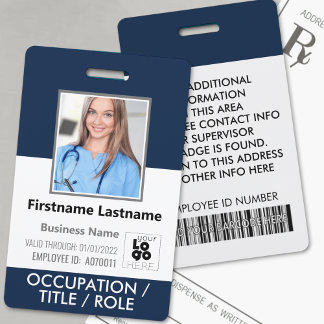 Badge Photo, code à barres, nom et logo Bleu de marine B