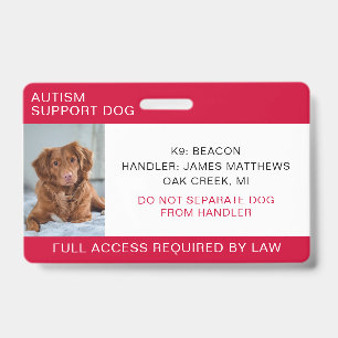 Badge Photo de chien de soutien pour l'autisme rouge