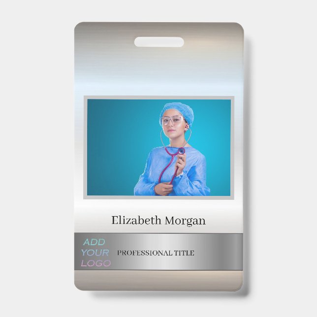 Badge Photo de l'employé Argent Ajouter votre logo (Avant)