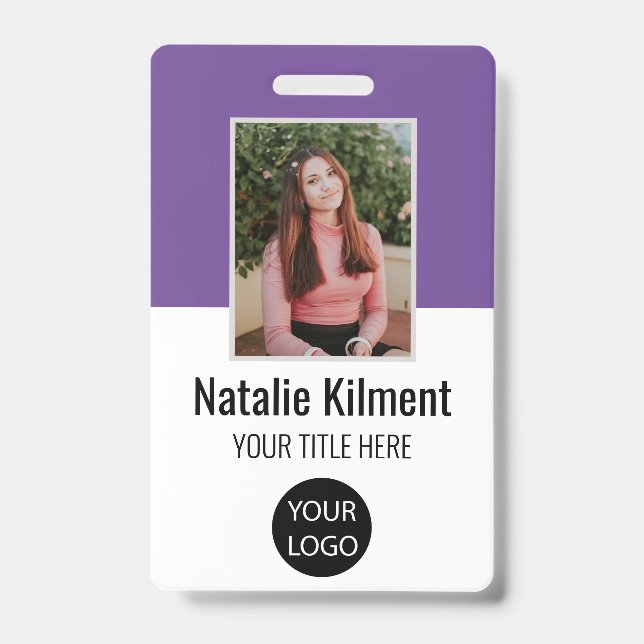 Badge Photo de l'employé Nom Logo Code-barres Violet et  (Avant)