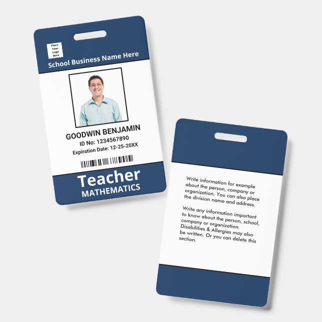 Badge Photo de l'employé professionnel de l'école Code-b (Avant & arrière)