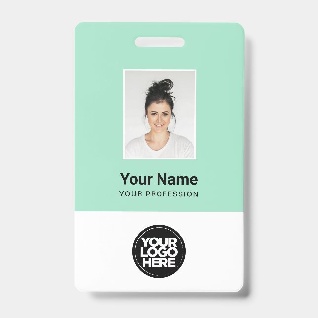 Badge Photo de l'employé vert menthe, Code-barres, Logo, (Avant)
