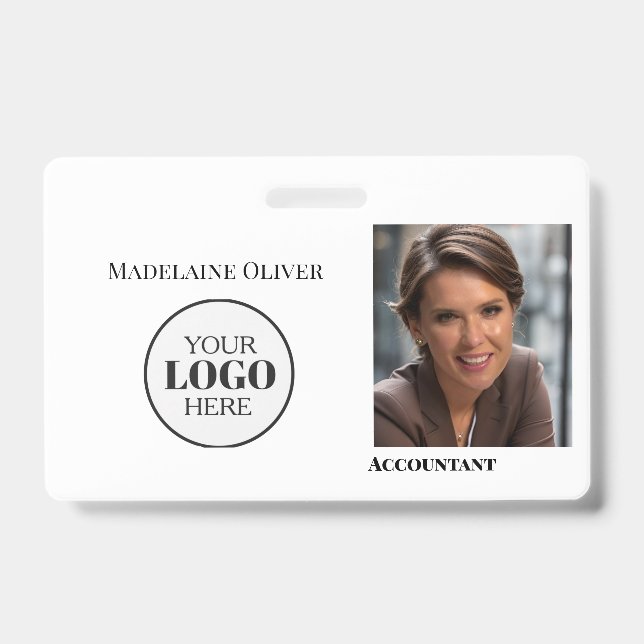 Badge photo d'employé blanc moderne avec logo (Front)