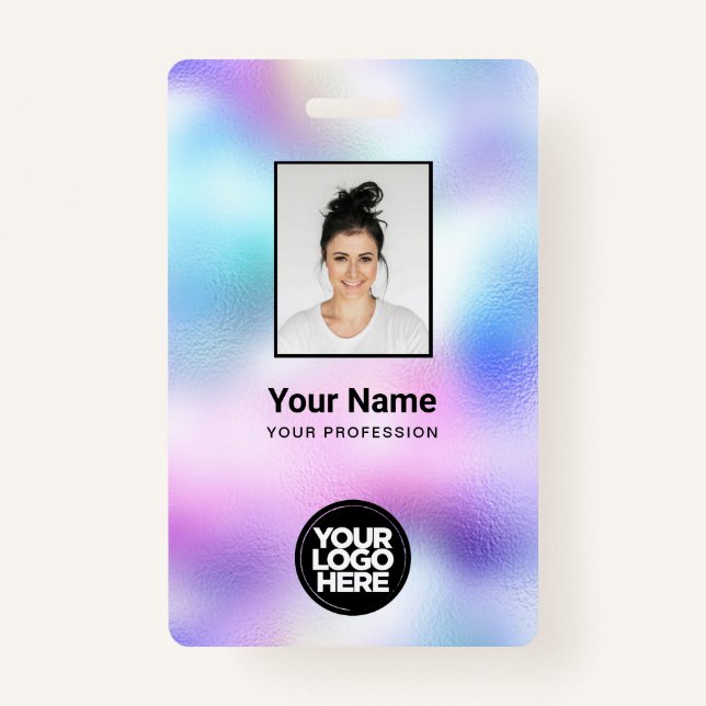 Badge Photo d'employé holographique, code à barres, logo (Devant)