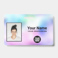 Photo d'employé holographique, code-barres, logo,