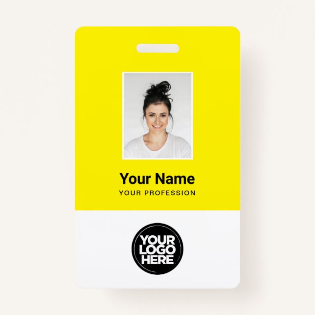 Badge Photo d'employé jaune personnalisée, Code barre, L (Devant)