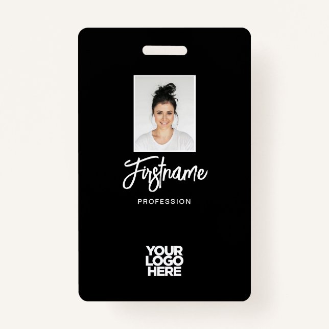 Badge Photo d'employé noir moderne, logo, nom (Devant)