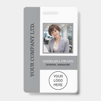 Badge Photo d'employé personnalisée, logo, nom Gris