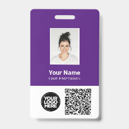 Badge Photo d'employé pourpre, code Qr et barre, logo, n