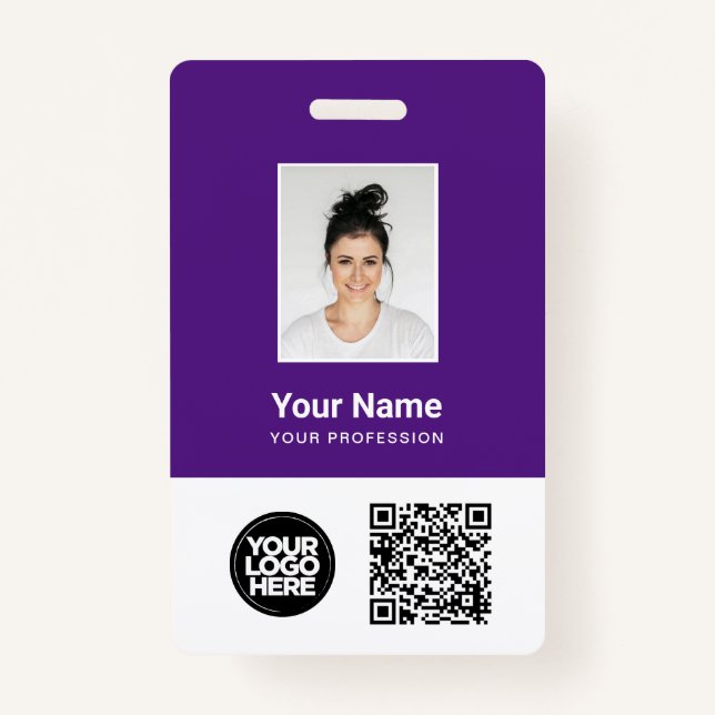 Badge Photo d'employé pourpre, code Qr et barre, logo, n (Devant)