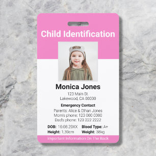 Badge Photo d'identification d'enfant rose clair