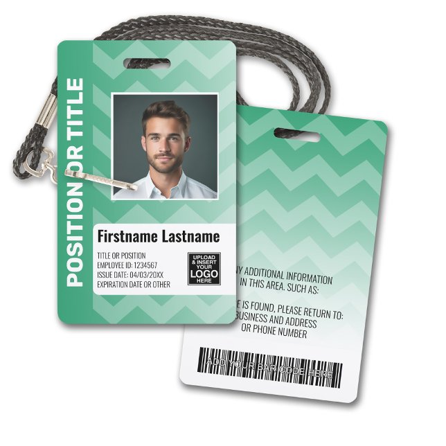Badge Photo d'identité de l'employé - chevron moderne, c (Plastic ID Badge - Customize with Employee Photo and Credentials. Green Chevron Pattern Accents)