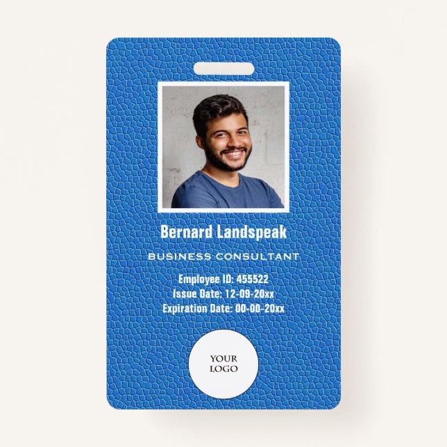 Badge Photo et logo en cuir bleu et employés (Devant)