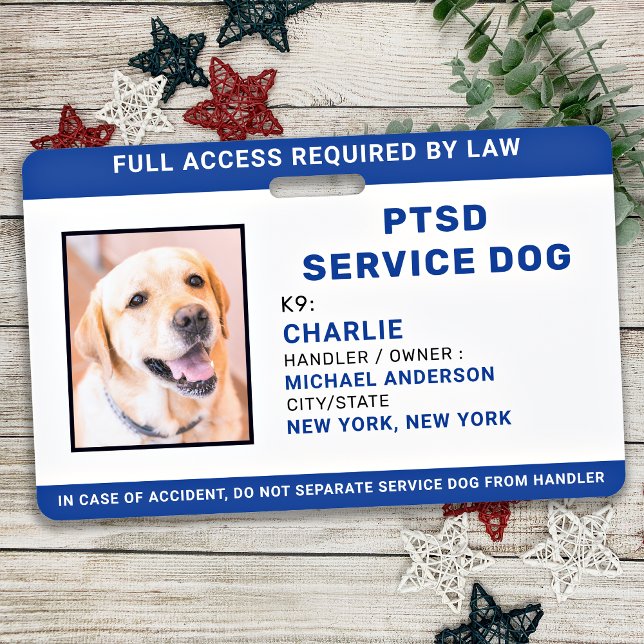 Badge Photo personnalisée Bleu Blanc PTSD Service Chien  (Créateur téléchargé)