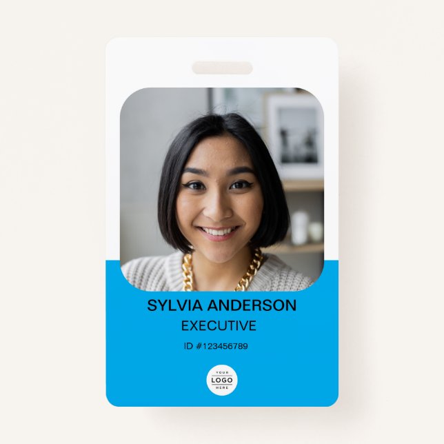 Badge Photo personnalisée bleue Code QR Logo de l'employ (Devant)