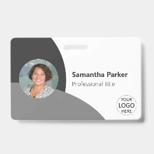 Badge Photo personnalisée en gris, logo, code barre Empl