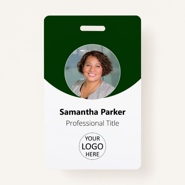 Badge Photo personnalisée verte, logo, code à barres emp (Devant)