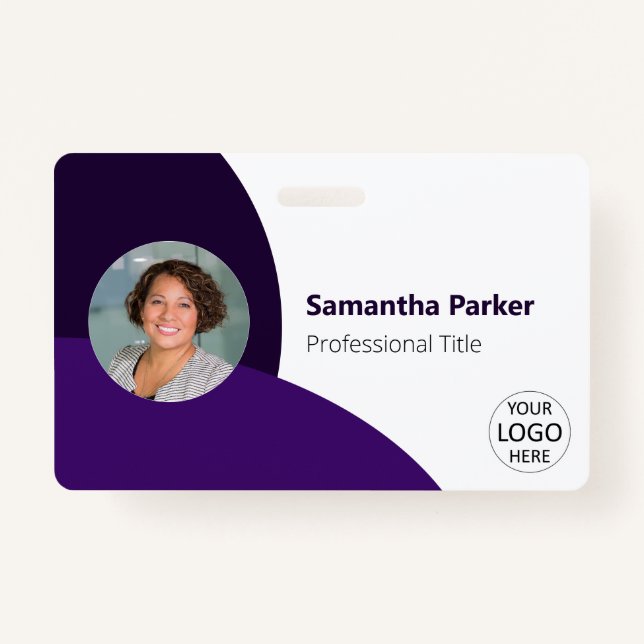 Badge Photo personnalisée violet, logo, code barre emplo (Devant)