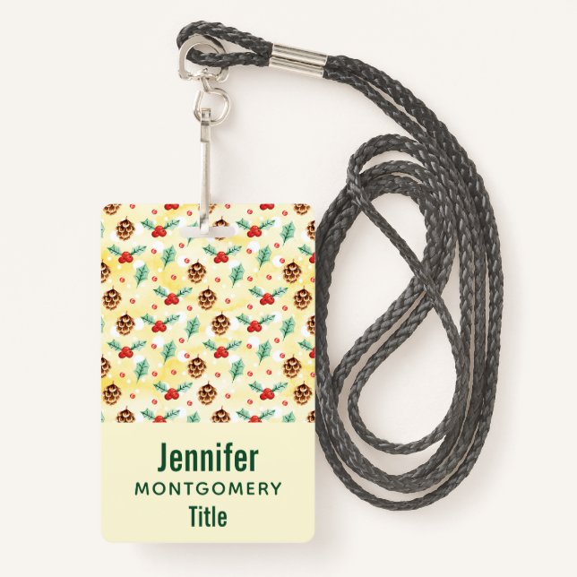 Badge Pine Cones et Motif de Noël Holly (Devant avec lanière)