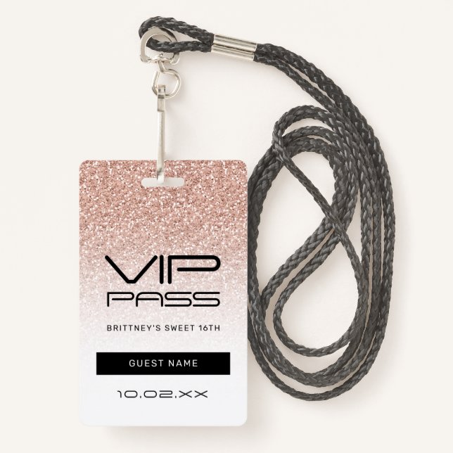Badge Pink Ombre Parties scintillant Sweet 16th VIP Pass (Devant avec lanière)
