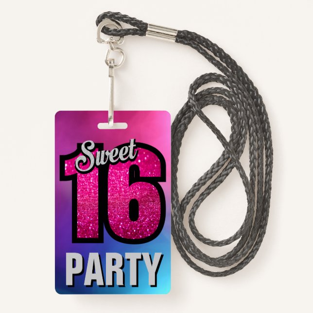 Badge Pink Sweet 16 Anniversaire de fête Carte d'identit (Devant avec lanière)