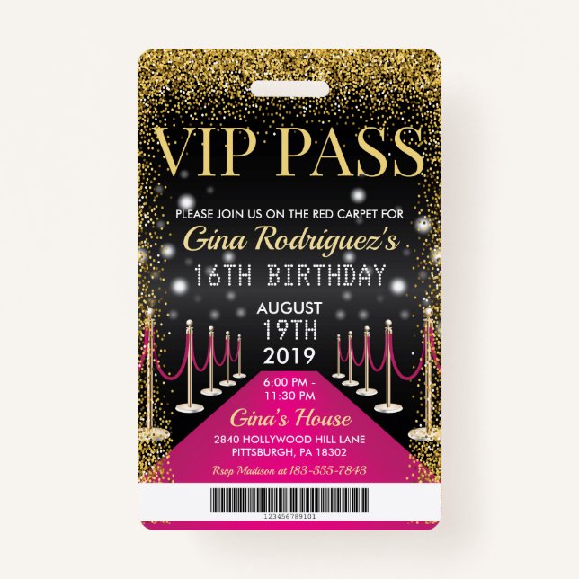 Badge Pink VIP Pass Hollywood Red Carpet Anniversaire (Devant)