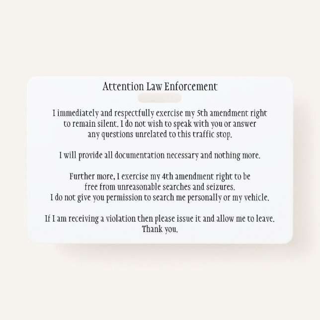 Badge Police Traffic Stop Connaissez votre carte de droi (Devant)