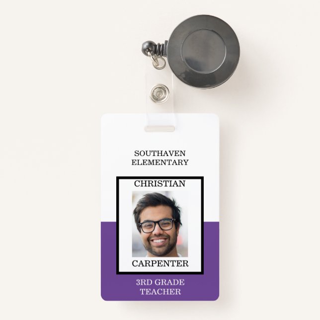Badge Professeur de photo à l'école violet et blanc (Front with Retractable)