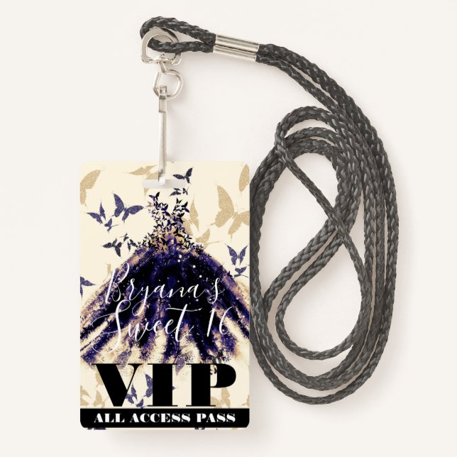 Badge Purple Gold Butterfly Dance robe douce 16 VIP (Devant avec lanière)