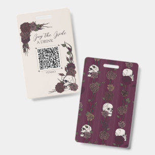 Badge QR de boisson en ivoire et burgundy Skull