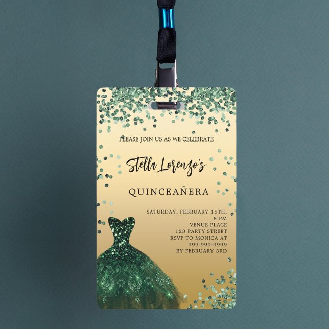 Badge Quinceanera émeraude or vert invitation robe (Créateur téléchargé)