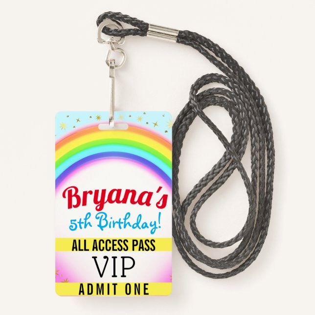 Badge Rainbow Party Sparkle VIP Pass Anniversaire (Devant avec lanière)