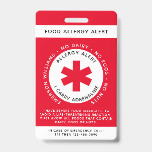 Badge Red Food Allergie Alerte ID enfant