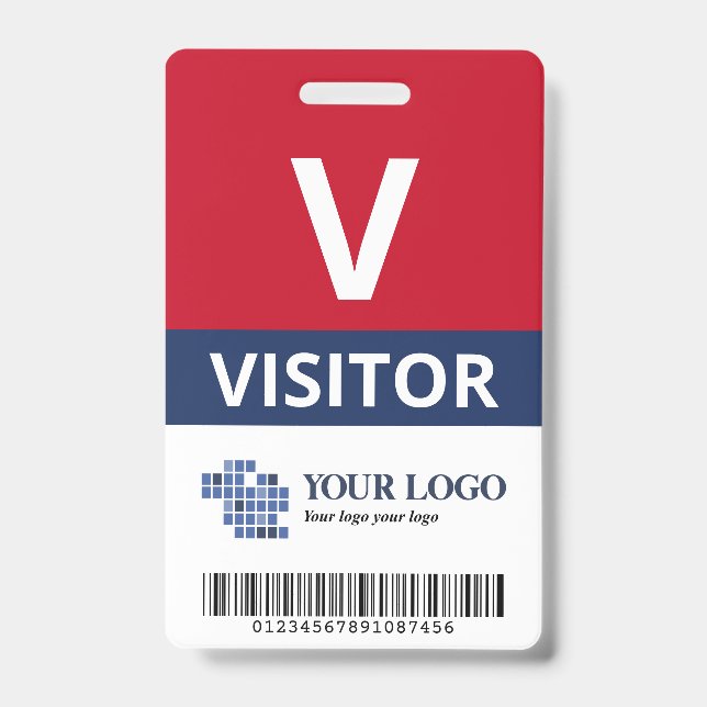 Badge Red Navy Ajouter votre logo et code barre Visiteur (Avant)