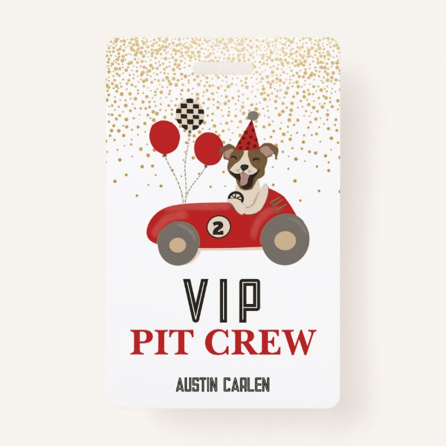 Badge Red Race Car Chien Boys Anniversaire Fête VIP (Devant)