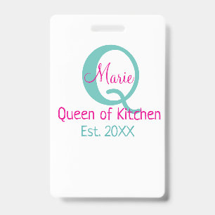 Badge Reine du monogramme de cuisine vert rose simple mi