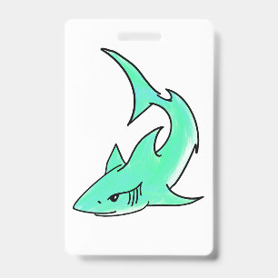 Badge requin souriant dessin animé menthe bleu vert océa