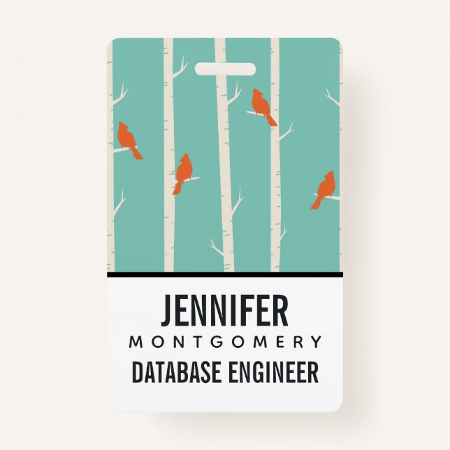Badge Rétro Orange Birds on Birch Trees (Devant)