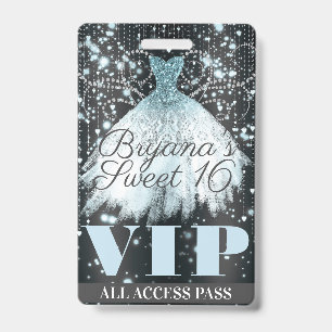 Badge Robe à paillettes grise bleue Sweet 16 VIP Pass