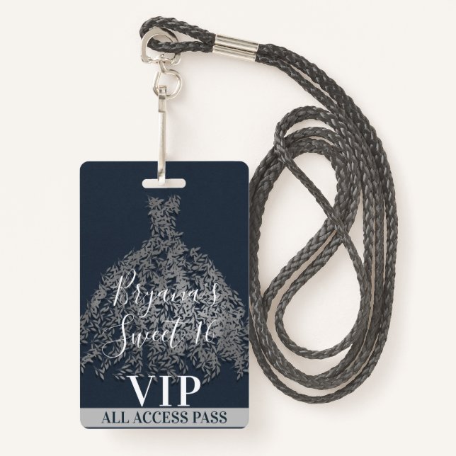 Badge Robe Feuille Rustique argent bleu sucré 16 VIP Pas (Devant avec lanière)