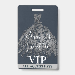Badge Robe Feuilles Rustiques Argent Bleu Passeport VIP 