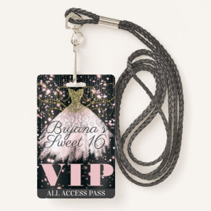 Badge Robe rose Gris Or Étincelle Douce 16 VIP Pass